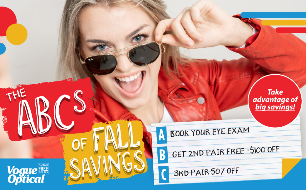 Vogue Optical ABCs of Fall Savings promo banner with blond woman in sunglasses and red jacket