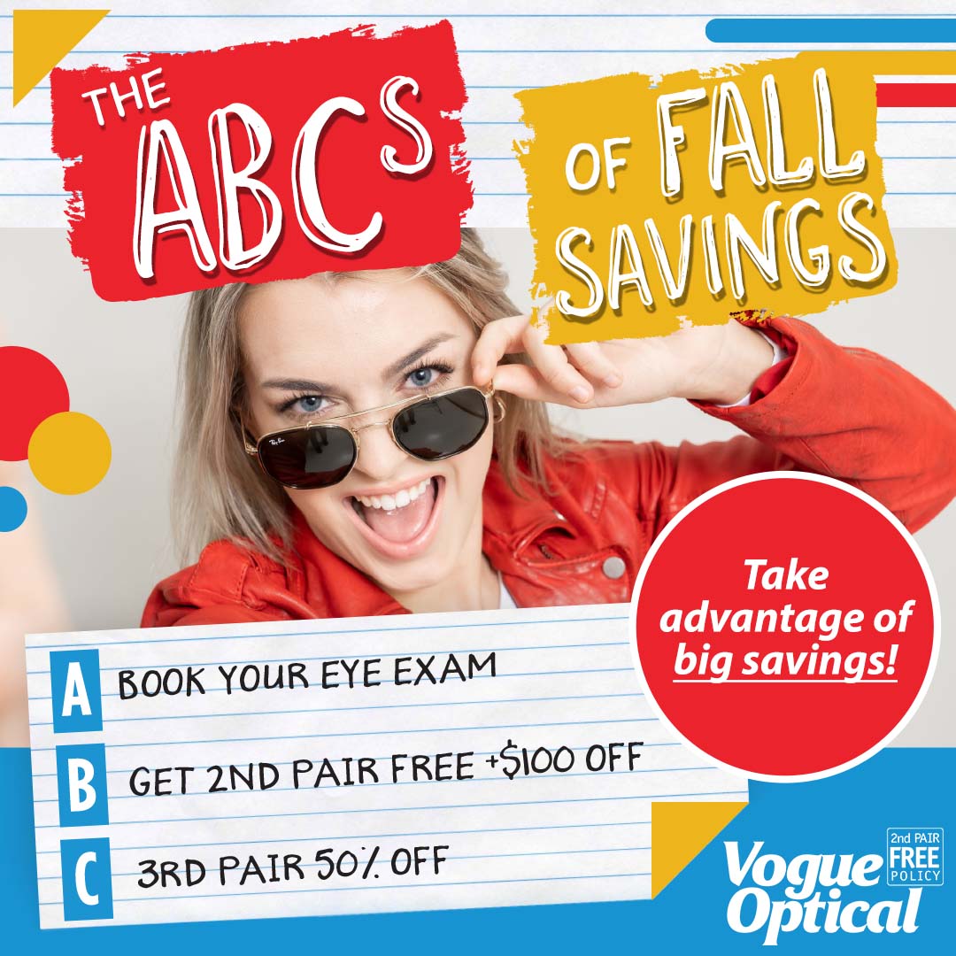 Vogue Optical ABCs of Fall Savings promo banner with blond woman in sunglasses and red jacket