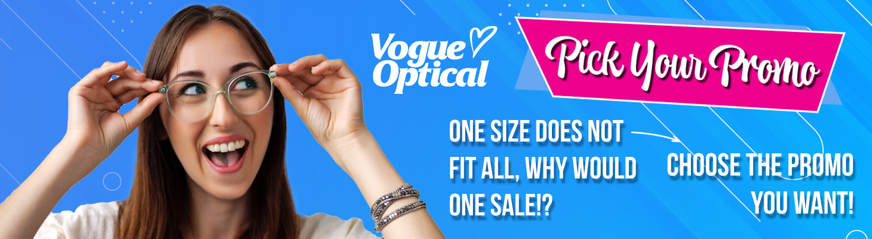 Glasses for Life promotional banner with purple background and girl with glasses - Vogue Optical 